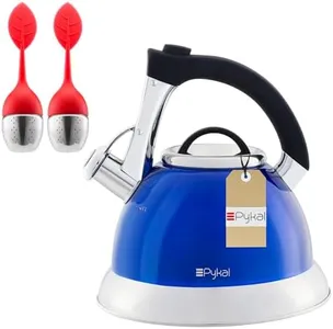 PYKAL Whistling Kettle - 3L Stainless Steel Tea Kettle with iCool Handle - 5-Walled Teapot with 2 Infuser Strainers - also for Induction, Gas Hob or Electric Stove Top - Blue