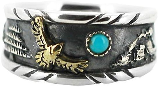 Kardy Men's Unique Antique Vintage Natural Blue Turquoise Gemstone Solid 925 Sterling Silver and Copper Biker Fashion Daily Wear Ring Set