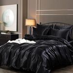 Guchuang Bedding Silk Satin King Size Complete Bedding Set 6 Pieces Black Duvet Cover Luxury Style Ultra Soft Microfiber Quilt Cover 220x230cm with 1 Fitted Sheet, 4 Pillowcases