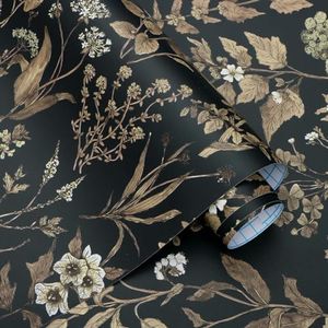 Fiula Self Adhesive Wallpaper Floral Leaf 44CM x 3M Peel and Stick Wallpaper Botanical Black Gold Decorative Furniture Sticker Removable Vinyl Wrap Roll for Bedroom Walls Cabinets Living Room