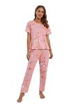 SMOWKLY Printed Round Neck Short Sleeve Nightsuit Set | Pajama Set | Night Dress for Women (1127CRTN_PNK_L) Pink