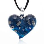 CHUVORA Hand Blown Glass Blue with Tiny Flowers Heart Pendant Necklace, 18 inches, Glass, No Gemstone not-applicable