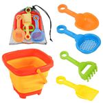 6pcs Beach Toys Set, Collapsible Bucket with 4 Shovels Sand Toys & Mesh Bag Portable Foldable Pail Bucket Beach Sand Toys for Kids Boy Girl Fun Beach Party Fishing Summer Activities (Orange)