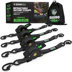 Rhino USA Retractable Ratchet Tie Down Straps (4PK) - 540kg Guaranteed Max Break Strength, Includes 2.5 cm x 3 m Autoretract Tie Downs with Padded Handles. Use for Boat, Securing Cargo - Black