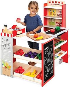 Best Choice Products Pretend Play Grocery Store Wooden Supermarket Toy Set for Kids w/Play Food, Chalkboard, Cash Register, Working Conveyor - Red