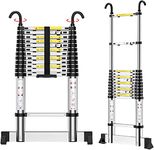 Teenza Telescopic Ladder 3.8m/12.5ft, Aluminium Extendable Ladder with Hooks and stabiliser, Multi-height Adjustment, Convenience for Home, Attic Access, Warehouse Work, etc.