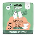 Muumi Baby Organic Nappies Size 5, 10-16 kg, 120 Sensitive Premium Nappies, Maxi Pack Monthly Pack