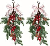 LIUCOGXI 2 Pack Christmas Teardrop Swags 22 inch Christmas Wreath Decoration Swags with Pine Cone Red Berry Ribbon Bow for Front Door Wall Hanging Farmhouse Home Decoration Ornaments