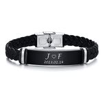 PJ JEWELLERY Personalised Leather Bracelet for Men Boy - Customised Stainless Steel Nameplated Braided Leather Wrap Bracelets for Brother Boyfriend for Father's Day Birthday Christmas Graduation