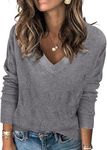 Bluetime Women's Fall Long Sleeve V Neck Ribbed Knit Sweaters Loose Fit Casual Soft Pullover Sweater Jumper Tops, Dark Grey, Small