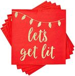 Juvale 50 Pack Paper Christmas Cocktail Napkins for Holiday Party Supplies, Gold Foil Lets Get Lit (Red, 5 x 5 In)