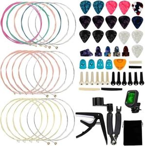 65 PCS Guitar Tool Guitar Repair Kit Including Guitar Strings,Guitar Picks,Pick Holder,Capo,3-in-1 Guitar String Winder,Thumb Finger Picks,Tuner,Guitar Bones,and Storage Bag for Beginner
