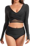 FEOYA Long Sleeve Swimsuit Women Sun Protection Cropped Rash Guard Bikini Top Two Piece Bathing Suit Surfing Swim Shirts