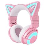 YOWU RGB Cat Ear Headphone 3G Wireless Bluetooth 5.0 Foldable Gaming Pink Headset with 7.1 Surround Sound, Built-in Mic & Customizable Lighting and Effect via APP, Type-C Charging Audio Cable -Pink