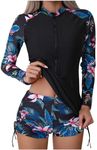Black of Friday Deals 2024 Women Two Piece Rash Guard Long Sleeve Swimwear Uv UPF 50+ Bathing Suit Tropical Print Swim Shirt with Boyshort Bottom Women’S Swimsuit