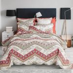 DaDa Bedding Bohemian Patchwork Bedspread - Rustic Cranberry Sage Chevron Floral Quilted Coverlet Set - Scalloped Edges Multi-Colorful Orange Red Green & Ivory White Background - Queen - 3-Pieces