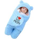 First Kick New Born Security Baby Blanket Hooded Embroided Wearable Wrapper Baby Sleeping Bag(0-6 Months, L 27 x B 13 Inches, I Love MOM, Sky Blue)