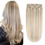 XDhair Blonde Clip in Hair Extensions Human Hair, 100g 16 Inch 6pcs Ash Blonde Highlights Bleach Blonde Hair Extensions Double Weft Clip in Human Hair Extensions for Women (#18/613,16Inch)