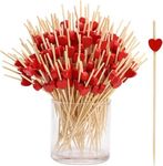 100 Pcs Red Heart Cocktail Picks, 4.7" Long Fruit Sticks Food Toothpicks Sandwich Appetizer Charcuterie Skewers, Handmade of Bamboo Wood For Birthday, Wedding, Valentines Day Decoration Party Supplies