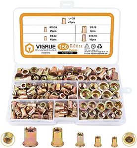 VIGRUE 150pcs #8-32#10-24 1/4"-20 5/16"-18 3/8"-16 Carbon Steel UNC Rivet Nuts Assortment Kit, Yellow Zinc Plated Finish, Flat Head Threaded Insert Nut Assort