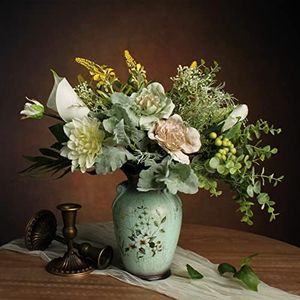 WAKISAKI Faux Flowers in Ceramic Vase, Artificial Flower Arrangement Decoration for Home Kitchen Living Dinning Room Coffee Table Centerpieces Farmhouse Deco, 15 x 14 inches (Green)