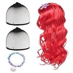 Mermaid Wig Set, Red Wig and Mermaid Themed Accessorie, Wigs for Kids, Mermaid Gifts for Girls, Suitable for Kids Cosplay Halloween Masquerade Birthday Party