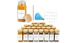 RKP INDUSTRY 24-pc Set of durable Square Glass Spice Jars with airtight Bamboo Lids, including 112 rectangle labels, 24 Pcs 4 oz square Glass Spice Jars, Funnel, Sponge Brush, Marker