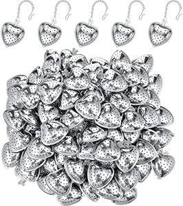 Sumind 100 Pcs Tea Strainer Stainless Steel Tea Ball Infuser Loose Leaf Tea Steeper Tea Interval Diffuser Heart Shape Mesh Tea Filters with Extended Chain Hook for Seasonings Cup Bottle (Silver)