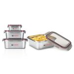 MILTON Modulo Steel Square Container with lock lid, Set of 4 (400,800,1440 & 2400 ml)|Airtight & Leakproof|Microwave & Oven safe| Light Weight | School, Office or Picnic use, Silver