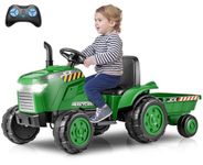 OLAKIDS 12V Kids Ride on Tractor, Battery Powered Motorized Electric Car with Trailer, Dual Motors, Remote Control, Light, Music, USB, Toddler Vehicle Toys for Boys Girls (Green)