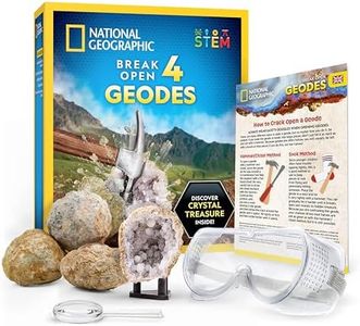 National Geographic Break Open 4 Geodes Science Kit – Includes Goggles & Display Stand - STEM Science Gift for Boys & Girls, Break Your Own Geodes