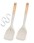 Pack of 2 Silicone Spatula, Non Stick Cooking Utensil Set Stainless Steel Handle Kitchen Turner for Baking Mixing Grilling Serving Food Heat Resistant Non Scratch Hooks Included (Khaki)