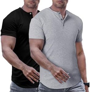 JMIERR Mens Muscle Slim Fit Button Henley Shirts Summer Short Sleeve Longline Fitted T-Shirt 2 Pack Gym Workout Athletic Tee Shirt for Men, XL
