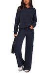 PRETTYGARDEN Women's 2 Piece Lounge Sets Knitted Hoodie Pullover Tops and Wide Leg Cargo Pants Matching Outfits Tracksuits (Navy,Small)