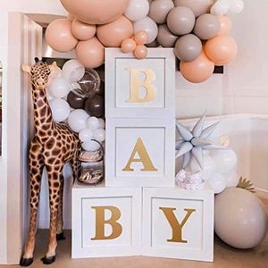 Baby Shower Paper Boxes Party Decorations - 4pcs Stereoscopic White Baby Balloon Boxes with Gold Baby+A-Z Letters, Party Boxes Baby Blocks for Boys Girls Baby Shower Decorations Gender Reveal Birthday