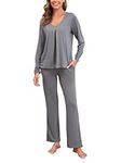 Famulily Womens Pajama Sets Comfy Loungewear Two Piece Long Sleeve V Neck Shirts Cozy Loose Fit Pj Pants Dark Grey XL