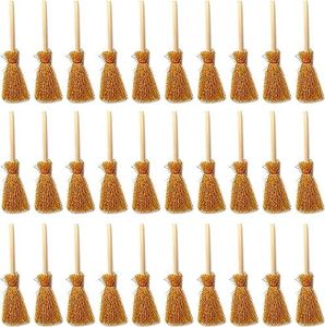 LATRAT 30 Pieces Dollhouse Mini Broom Craft Model Hanging Mini Hanging Broom Miniature Straw Broom Themed Party Broom with Red Rope for Decoration