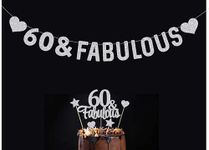 SVM CRAFT® 60 Fabulous Cake Topper & Banner silver Glitter - 60 Anniversary/Birthday Cake Topper Party Decoration (60th)-Gold Glittery 60 & Fabulous Birthday Cake Topper for 60th Birthday Party Decorations, 60 Birthday Cake Decorations Supplies