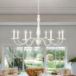 French Country Chandelier 8 Lights Farmhouse Wood White Chandeliers Ceiling Lights for Dining Room Light Fixtures Hanging Candle Pendant Lighting Fixture for Kitchen Living Room Entryway Foyer Bedroom