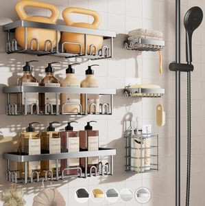 Veken Stainless Steel Shower Caddy 6-Pack,Heavy Weight Bearing,Large Wall Mounted Shower Shelves Rack,Organizer Storage Accessories with Soap Dish&Toothbrush Holder,Ideal for Bathroom,Silver