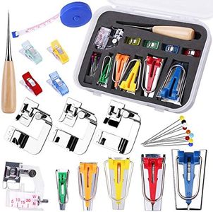 LUNARM Bias Tape Tool Kit with Instruction, 5 Sizes Bias Tape Maker (6mm 9mm 12mm 18mm 25mm) with 4 Pcs Sewing Machine Presser Foot, Sewing Clips, Ball Point Pins, Awl, for Fabric Sewing and Quilting