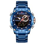 NAVIFORCE Luxury Stainless Steel Analog Digital Watch Waterproof Sports Quartz Multifunctional Wristwatch with Stopwatch Alarm LED Backlight,Blue