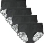 LIQQY Women's 4 Pack Combed Cotton Breathable High Rise Lace Full Coverage Brief Panty Underwear (Large, Black)