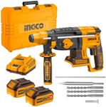 INGCO 20V Brushless SDS Plus Rotary Hammer Drill 1100RPM, 26mm in Concrete, 4IN1 Function Adjust Knob, with 3Pcs Drill Bits and 1Pcs Chisel, 2Pcs 4.0Ah Battery and 1Pcs Fast Charger CRHLI202287