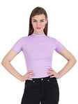 AKTRIZ Women & Girls Lilac High Neck Top| Cotton Rib Tops|Short Sleeves|Office & Casual Wear|Stylish|Medium Size