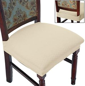 BUYUE Dining Room Chair Covers Set of 6, Easy Installation Stretchy Jacquard Armless Kitchen Chair Seat Protectors, TPU not Mixed, Rear Covered- Beige- 6