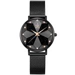 SHENGKE Creative Starry Star Women Watch with Stainless Steel Mesh Band Genuine Leather Elegant Women Watches (Starry-Mesh Band-Black)