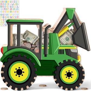 Uniwooder Wooden Tractor Piggy Bank for Kids, Tractor Money Box for Boys, Unbreakable Toddler Farm Vehicle Coin Bank, Educational Toys for Boys Girls, Kids Bank with Stickers for Birthday Gifts