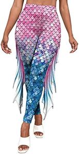Mermaid Yoga Print Leggings for Women Plus Size Fish Scale High Waisted Pants Halloween Costume Tights, Deep Pink Colorful, Medium