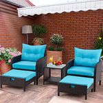 DEVOKO 5 Piece Patio Furniture Set, Outdoor Wicker Rattan Conversation Set with Ottoman & Table, for Garden, Patio, Balcony, Beach (Dark Brown & Sky Blue)